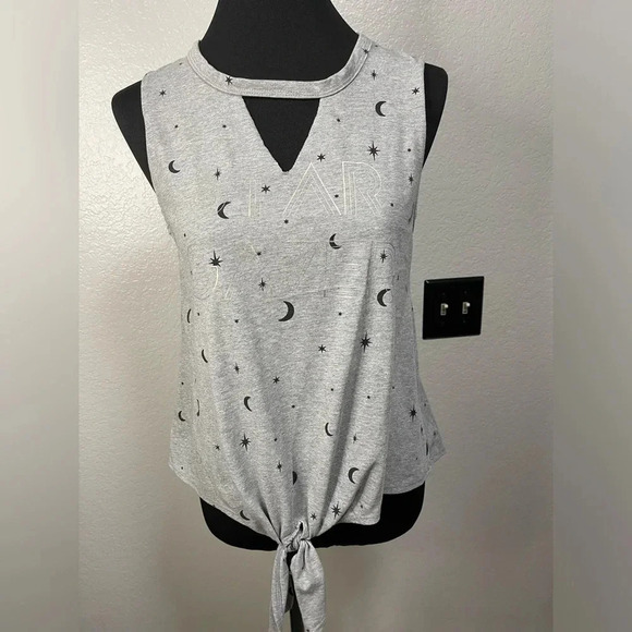Women's Star Gazer Tie Front Neck Cut-Out Graphic Tank Top LARGE - Picture 2 of 7